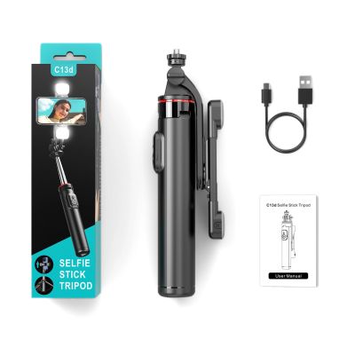 12. Selfie-Stick WC13YDS Teleskopstativ 1,3 m mit Doppellampe und Telefonhalter – Schwarz