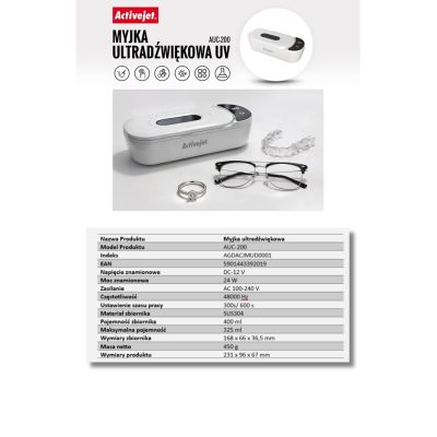 30. Activejet AUC-200 Ultraschall-UV-Reiniger für Zahnprothesen, Brillen und Schmuck, weiß.