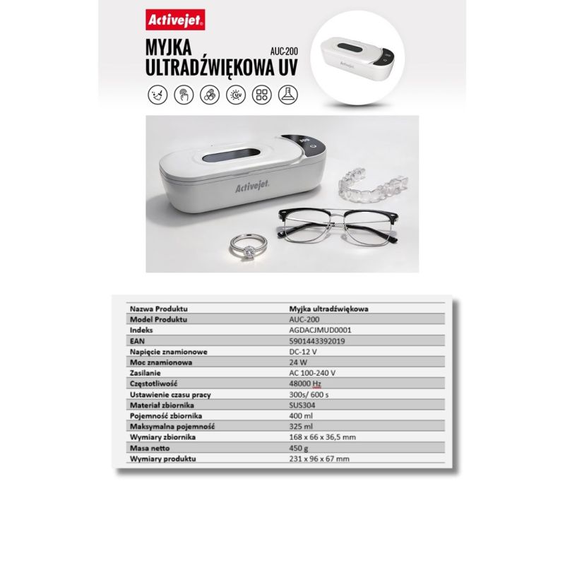 30. Activejet AUC-200 Ultraschall-UV-Reiniger für Zahnprothesen, Brillen und Schmuck, weiß.