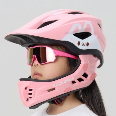 3. Rockbros TT-32001 Rabbit Kinderfahrradhelm mit abnehmbarem Kinnschutz, Größe S (48-52) – Rosa