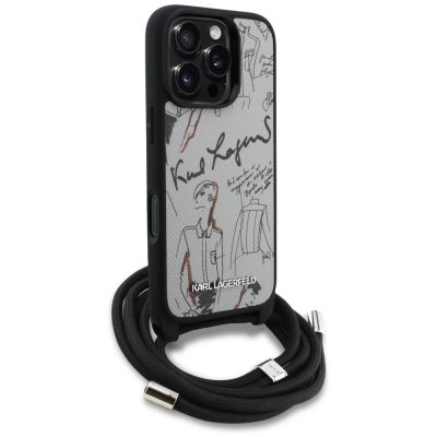 3. Karl Lagerfeld Crossbody-Hülle mit genarbtem Muster und Logo für iPhone 16 Pro Max – Grau