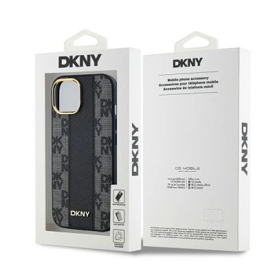 8. DKNY Leder-MagSafe-Hülle mit kariertem Monomuster für iPhone 15 Plus / 14 Plus – Schwarz