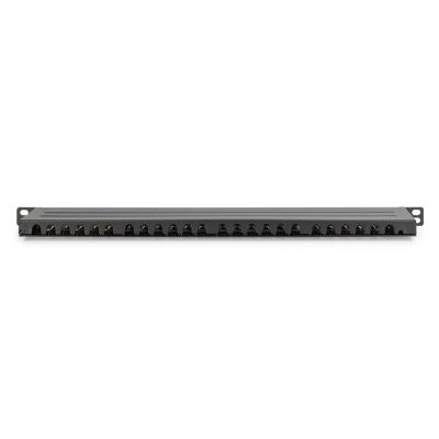 4. Hochdichtes Patchpanel 19 Zoll, 24x RJ45, LSA-Level, Cat. 6, geschirmt, 0,5 HE, schwarz, Kabelführung