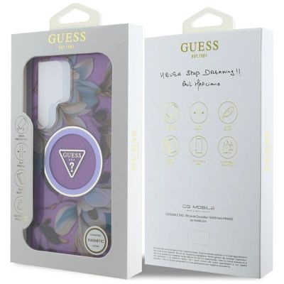 8. Guess Glitzerblumen-Dreieckknöpfe MagSafe-Hülle für Samsung Galaxy S25 Ultra – Lila