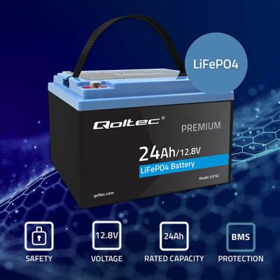 3. Qoltec LiFePO4 Lithium-Eisenphosphat-Akku | 12,8 V | 24 Ah | 307,2 Wh | BMS