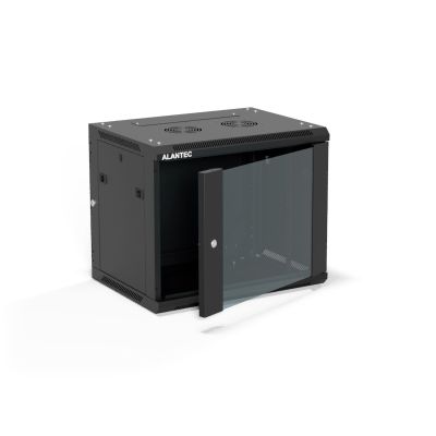 19" 9U 600x450 Wandschrank (optional zweiteilig), einflügelige Glastür, abnehmbare Rückwand, abnehmbare Seitenwände, abschließbar, 4 Träger, schwarz, zur Selbstmontage – Flatpack, ALANTEC