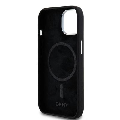 7. DKNY Flüssigsilikon-MagSafe-Hülle mit kleinem Metalllogo für iPhone 15 Plus / 14 Plus – Schwarz