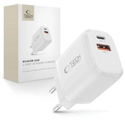 Tech-Protect NCA65W-GAN 2-Port PD 65W / QC3.0 2-Port Wandladegerät – Weiß