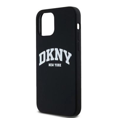 2. DKNY Flüssigsilikon-MagSafe-Hülle mit weißem bedrucktem Logo für iPhone 12/12 Pro – Schwarz