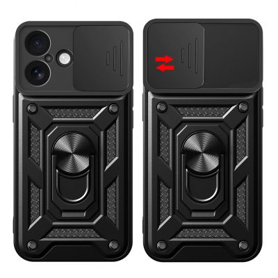 9. Hybrid Armor Camshield iPhone 17 Hülle mit Ständer und Kameraabdeckung - Schwarz