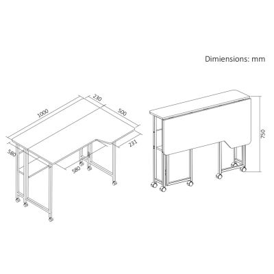 2. MACLEAN Klapptisch, weiß, mobil, 100 x 73 cm, max. 50 kg, abgewinkelt, L-förmig, MC-126 L/B