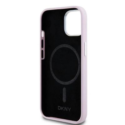 7. DKNY Flüssigsilikon-Hülle mit kleinem Metalllogo und MagSafe-Funktion für iPhone 15 / 14 / 13 – Pink