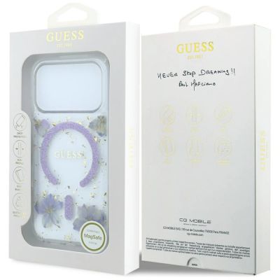 8. Guess Resin Flowers Glitter MagSafe Hülle für iPhone 18 Pro / 17 Pro - Lila