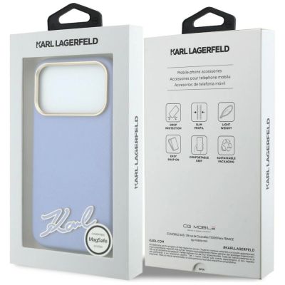 8. Karl Lagerfeld MagSafe-Hülle mit genarbter Oberfläche und Harz-Logo für iPhone 18 Pro / 17 Pro – Hellblau