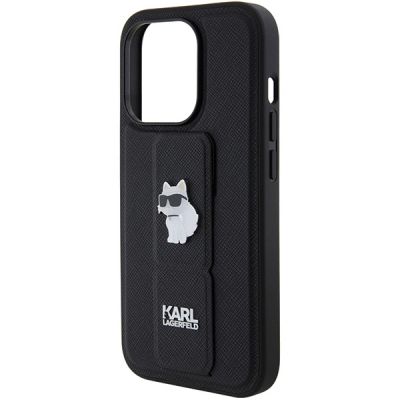 7. Karl Lagerfeld Gripstand Saffiano Choupette Pins Hülle für iPhone 15 Pro Max – Schwarz