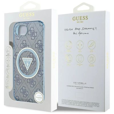 8. Guess IML Metal Glitter 4G Circle Triangle MagSafe Case für iPhone 16e - Blau