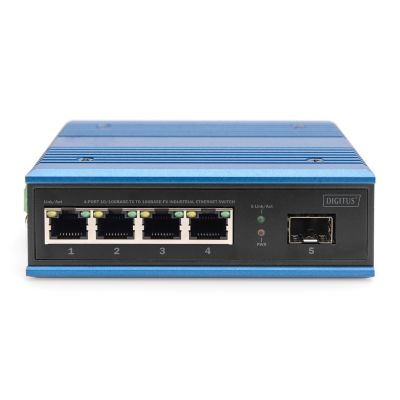 7. Industrieschalter 4x 100 Base-TX + 1x Uplink 100Base-FX (ohne Modul) DIN erweiterter Temperaturbereich.