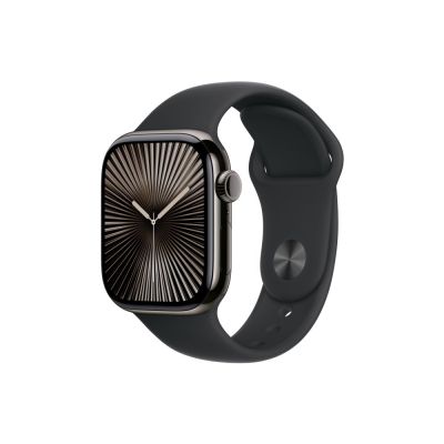 Apple Watch Series 10 GPS + Cellular 42 mm mit Schiefer-Titangehäuse und schwarzem Sportarmband – M/L
