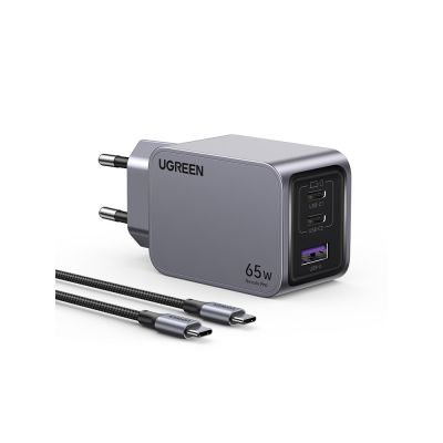 3. Ugreen Nexode Pro 25871 65W Wandladegerät, GaN, USB + 2x USB-C + 1,5m USB-C-Kabel