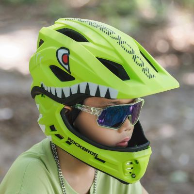 5. Rockbros TT-32003 Shark Kinderfahrradhelm mit abnehmbarem Kinnschutz, Größe S (48-52) – Grün