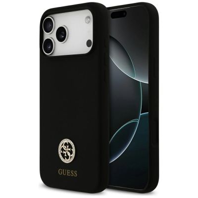 Guess Silikon-Logo Strass 4G MagSafe Hülle für iPhone 17 Pro Max - Schwarz