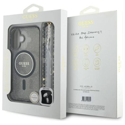 7. Guess IML Glitter MagSafe Hülle mit Perlenriemen für iPhone 16 - Schwarz