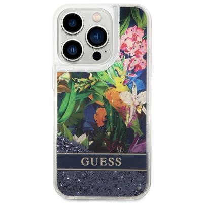 3. Guess GUHCP14LLFLSB iPhone 14 Pro 6.1 "blau / blaues Hardcase Flower Liquid Glitter