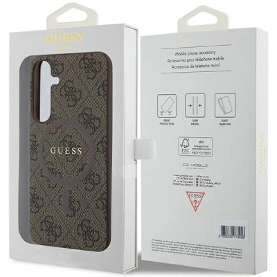 8. Guess 4G Collection Leder-Metall-Logo MagSafe-Hülle für Samsung Galaxy S24+ – braun