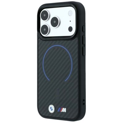 2. BMW M Kevlar Blue Print Ring Metal Logo MagSafe Hülle für iPhone 18 Pro Max / 17 Pro Max - Schwarz