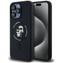 Karl Lagerfeld Silikon Karl&Choupette Ring MagSafe Hülle für iPhone 15 Pro Max – Schwarz