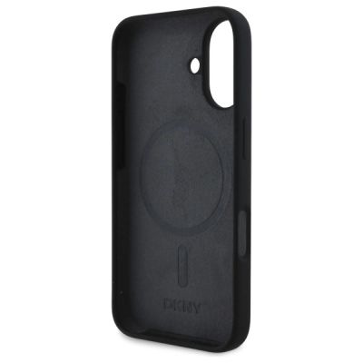7. DKNY Silikon-MagSafe-Hülle mit weißem bedrucktem Logo für iPhone 16 – Schwarz