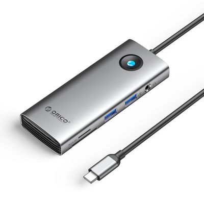 Orico PW11 8-in-1 USB-C Dockingstation (2x USB-A 3.0, 1x USB-C PD 100W, 1x HDMI 4K 60Hz, 1x microSD/SD, 1x RJ45 Gigabit Ethernet, 1x 3,5-mm-Audioanschluss) – Grau