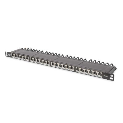 7. Hochdichtes Patchpanel 19 Zoll, 24x RJ45, LSA-Level, Cat. 6A, geschirmt, 0,5 HE, schwarz, Kabelführung