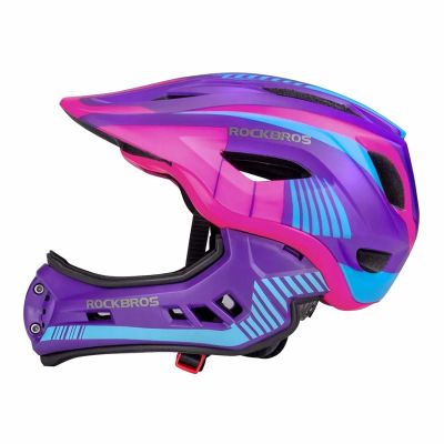 2. Rockbros TT-32SBPP-S Kinderfahrradhelm mit abnehmbarem Kinnbügel, Größe S – lila-rosa