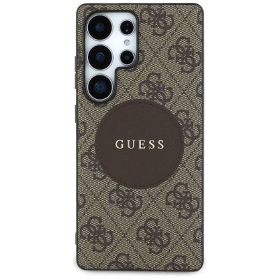 3. Guess 4G Round Patch Classic Logo MagSafe Hülle für Samsung Galaxy S25 Ultra braun