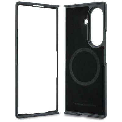 6. BMW M Lederhülle mit perforiertem dreifarbigem Streifenmuster, Metalllogos und MagSafe-Funktion für Samsung Galaxy Z Fold 8 Ultra – Schwarz