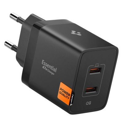 Spigen Essential EE472EU 2-Port USC-C 47W Wandladegerät – Schwarz