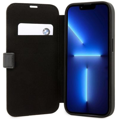 6. Tasche BMW BMBKP14L22RVSK iPhone 14 Pro 6.1" schwarz/schwarz Büchertasche Leder Stamp Blue Lines