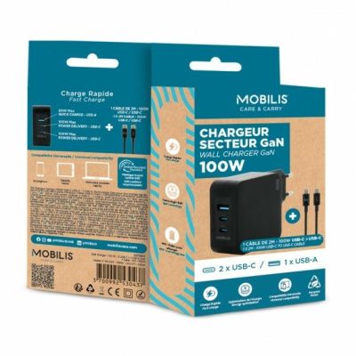 7. Mobilis Ladegerät 100W 2USB C 1USB A GaN-Kabel 100W Laptop, Smartphone, Tablet Schwarz Wechselstrom intern