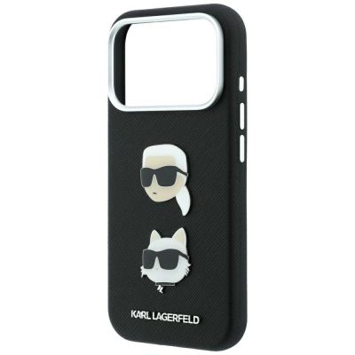 6. Karl Lagerfeld Saffiano-Hülle mit Karl & Choupette-Kopf-Pins und Logo für iPhone 18 Pro / 17 Pro – Schwarz