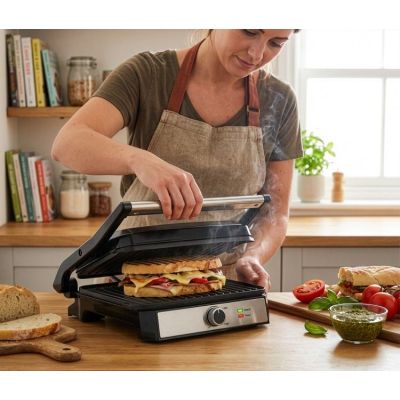 9. ELDOM KONTAKTGRILL GK200 2000W, TEMPERATURREGELUNG, ZWEI FETTBEHÄLTER, PLATTEN MIT ANTIHAFTBESCHICHTUNG