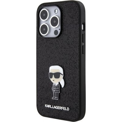 2. Karl Lagerfeld Glitzer-Ikonik-Logo-Metallhülle für iPhone 15 Pro Max – Schwarz
