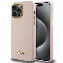 Guess Silikon Script Metal Logo & Frame Hülle für iPhone 15 Pro – Rosa