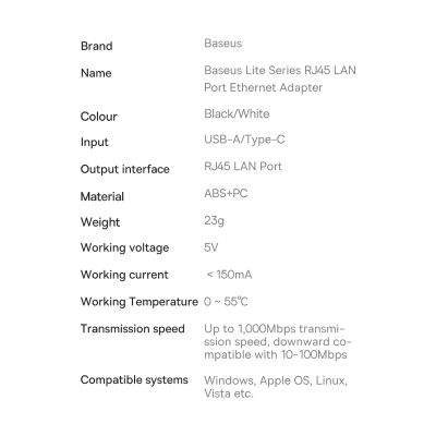 18. Baseus Lite Series externe Netzwerkkarte USB Typ C - RJ-45 1Gbps (1000Mbps) schwarz (WKQX000301)