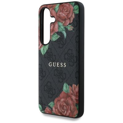 6. Guess Leather 4G Flowers Print Metal Classic Logo MagSafe Hülle für Samsung Galaxy S25 - Schwarz