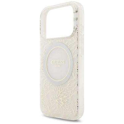 6. Guess IML Flowers Electro Pearl Strap MagSafe Hülle für iPhone 17 Pro - Weiß