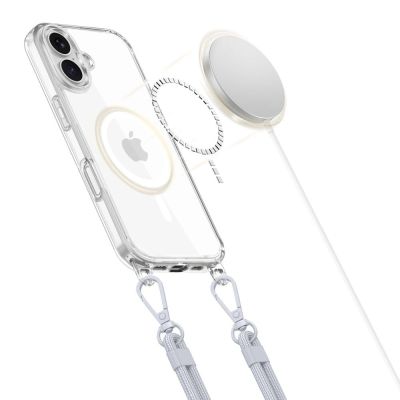 3. Tech-Protect Flexair Chain MagSafe Hülle für iPhone 16 - Transparent + 2 Tragebänder (Pink und Grau)