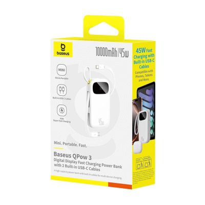 3. Baseus EnerFill FC31 QPow3 10000mAh 45W Powerbank mit Digitalanzeige und 2 integrierten USB-C-Kabeln – Weiß