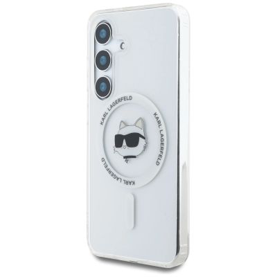 2. Karl Lagerfeld Button Choupette Head bedrucktes Logo MagSafe Samsung Galaxy S25 Plus Hülle weiß