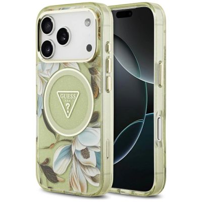 Guess IML Glitter Flowers Dreieckige MagSafe Hülle für iPhone 17 Pro Max - Grün